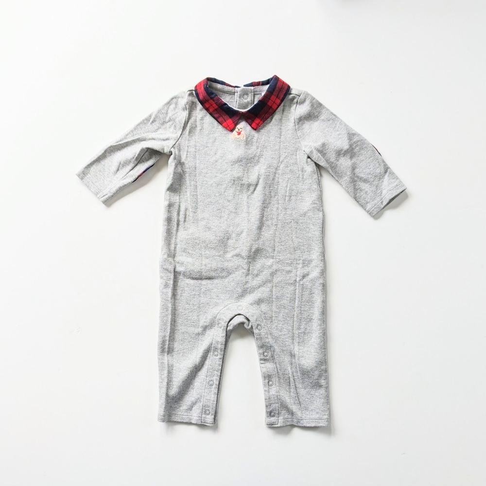 Janie and Jack romper with plaid collar and elbow patches 😍 bear embroider